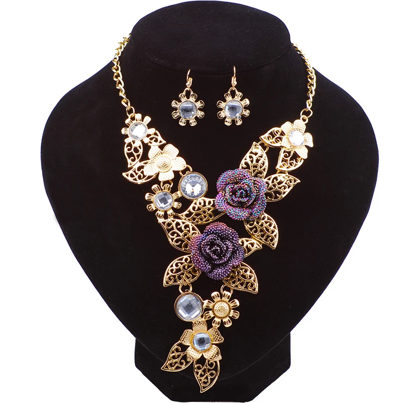 Модные многослойные Золотые фиолетовые стразы и кристаллы, богемные Цветочные массивные ожерелья, набор украшений для женщин, свадебные