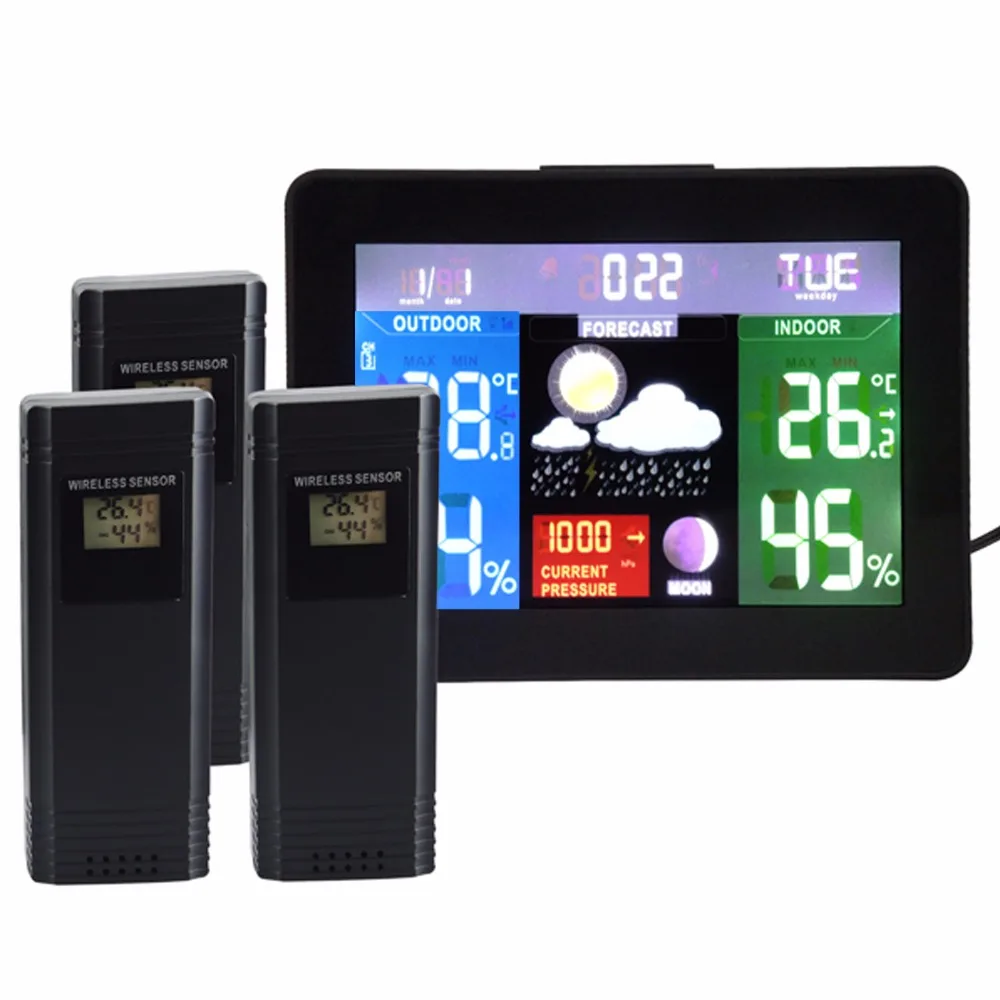 

3 Wireless Sensors Weather Station, Color Display Radio Controlled Clock, Barometer RH% Temperature 5 Weather Forecast - 220V