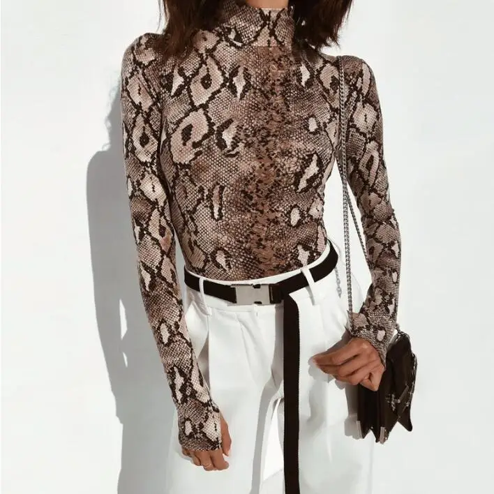 Snake Print Long Sleeve Sexy Women Bodysuit Autumn Winter Colthes Mock Turtleneck Thumbholes Snakeskin Body Suit