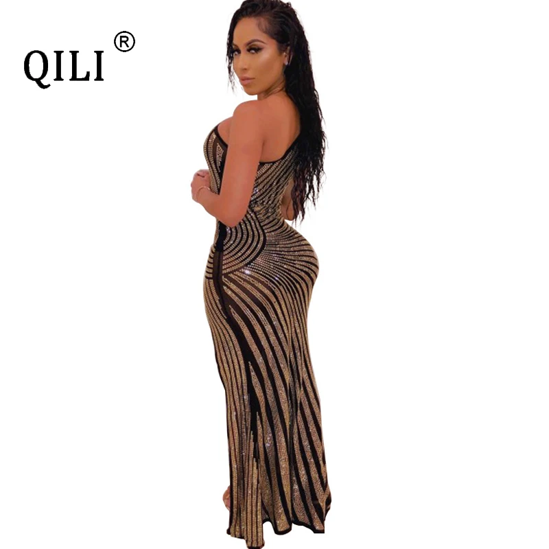 QILI Women One Shoulder Diamonds Dress Sexy High Split Mesh Rhinestone Long Maxi Dresses Evening Party Club Dress Gold