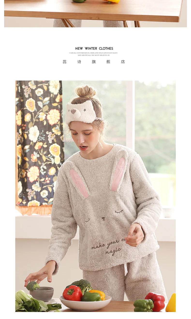 J& Q Новые пижамы зимние теплые модные пижамы набор вышитые толстые фланелевые мягкая флисовая ткань милый кролик женские Kawaii пижамы