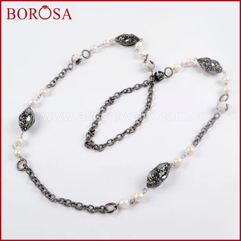 

BOROSA 2pcs Handcrafted 40inch Rhinestone Pave Crystal Natural Pearl Bead Necklace Druzy Jewelry for Women Girls JAB912