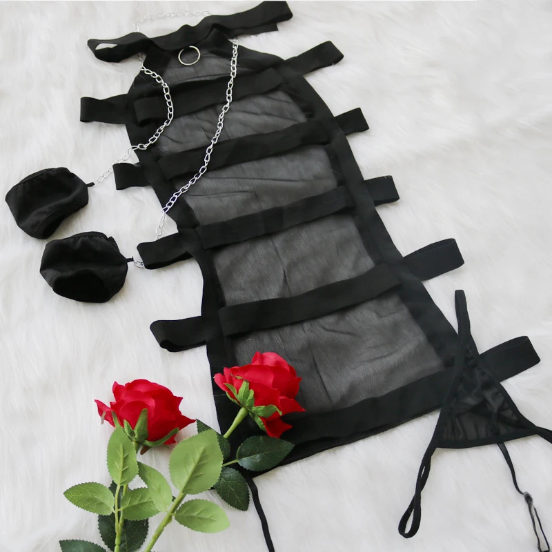 

2019 Sexy Lingerie Hot Black Bandage Perspective Net Yarn Underwear Handcuffs Inmates Cosplay Women Babydoll Lingerie Sexy