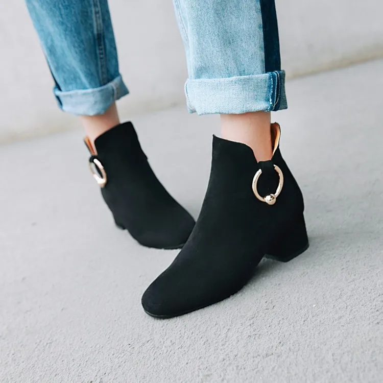 

Big Size 11 12 13 14 Suede round-headed square-heeled short-barreled metal decorative side zipper Martin boots