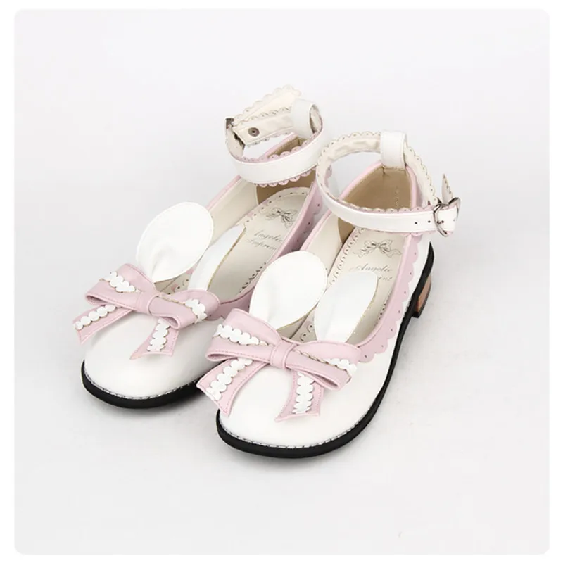 Японская прелестная обувь Лолиты с милыми заячьими ушками и бантом; удобные женские туфли на низком каблуке с ремешком на щиколотке - Цвет: Розовый