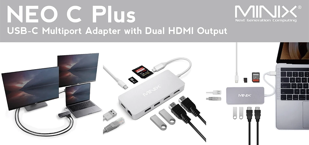 MINIX USB-C концентратор многопортовый адаптер с двойным HDMI выходом 4K адаптер 3 USB 3,0 Gigabit Ethernet USB-C Зарядка для Apple MacBook