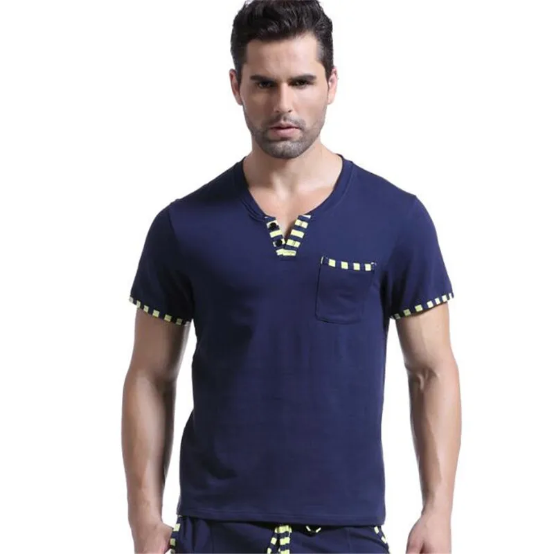 Мужская домашняя повседневная одежда из хлопка, мужская рубашка с v-образным вырезом и короткими рукавами, мужские топы для сна