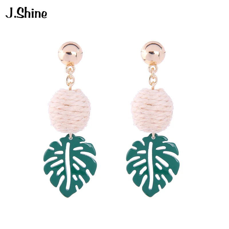 

JShine Gold Color Zinc Alloy Green Leaf Pom Pom Drop Earrings New Design Hollow Fashion Earrings for Women Brand Costume Jewelry