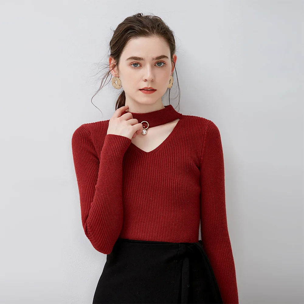 

Hollow Out V Neck Sweater Women Pearl Pullover Full Sleeve Solid Knitted Jumper Casual 2018 Autumn Slim Winter Sweater Drop Ship
