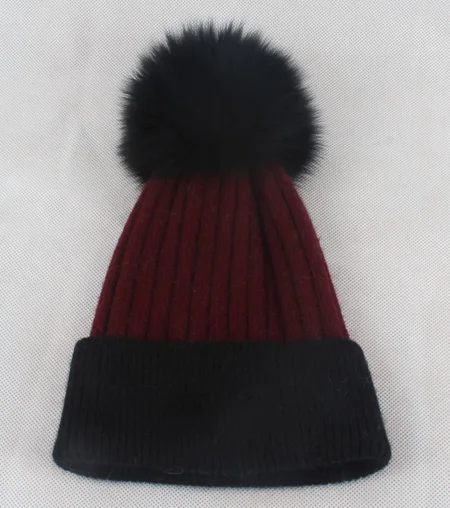 black fur wine red b Меховые шапки из натурального Лисьего меха для женщин и девушек, шерстяные шапки с помпонами Skullies, натуральная норковая меховая шапка с вязаным помпоном, шапки - Цвет: black fur wine red b