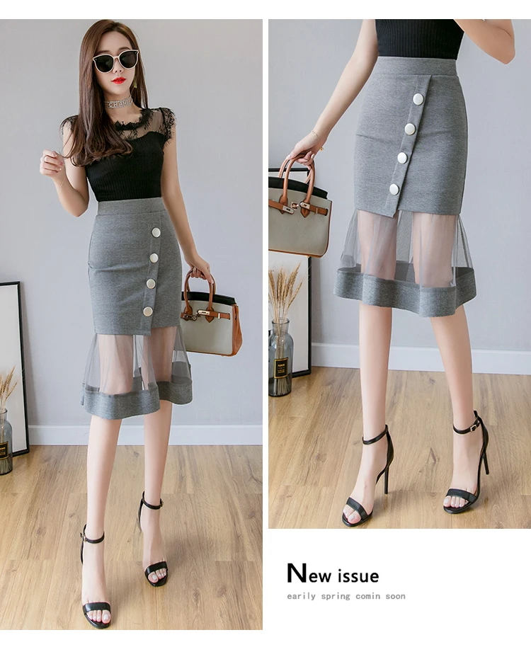 S-5XL New Women Skirt High waist Mesh patchwork Mermaid Skirt Slim Sexy Pencil Skirt Elegant button Office Ladies Skirts