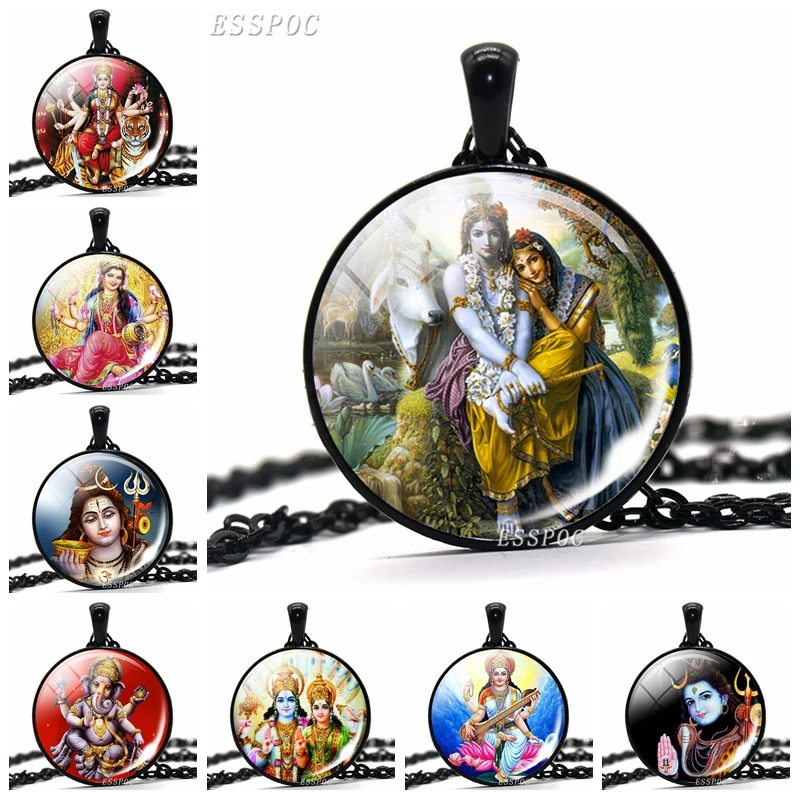 Статуэтка Шива ожерелье Кришна и Радха стеклянный купол кулон черное ожерелье-цепь мода Йога Религиозные ювелирные изделия для мужчин и женщин
