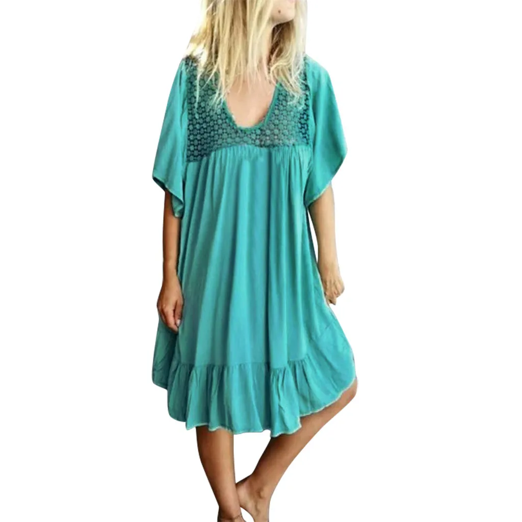 

FREE OSTRICH Women Dress Lace Pleated Hem Irregular Loose Ruffles ONeck Casual Solid Fashion Current Elegant Summer Short Dress
