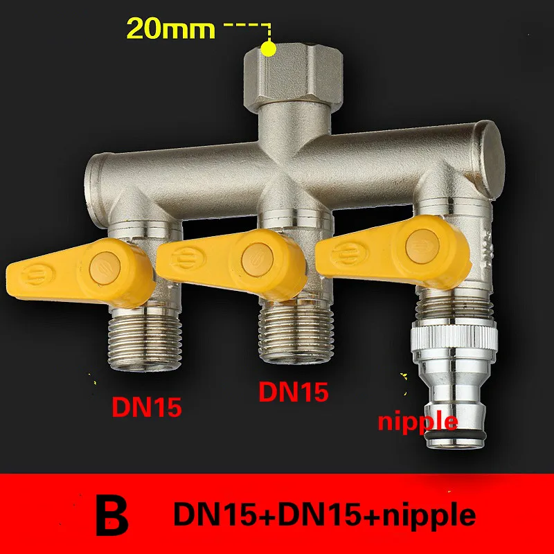 3 способ распределения водяной коллектор латунь делитель воды/запорный клапан стиральная машина кран разветвитель клапаны DN15 DN20 адаптер