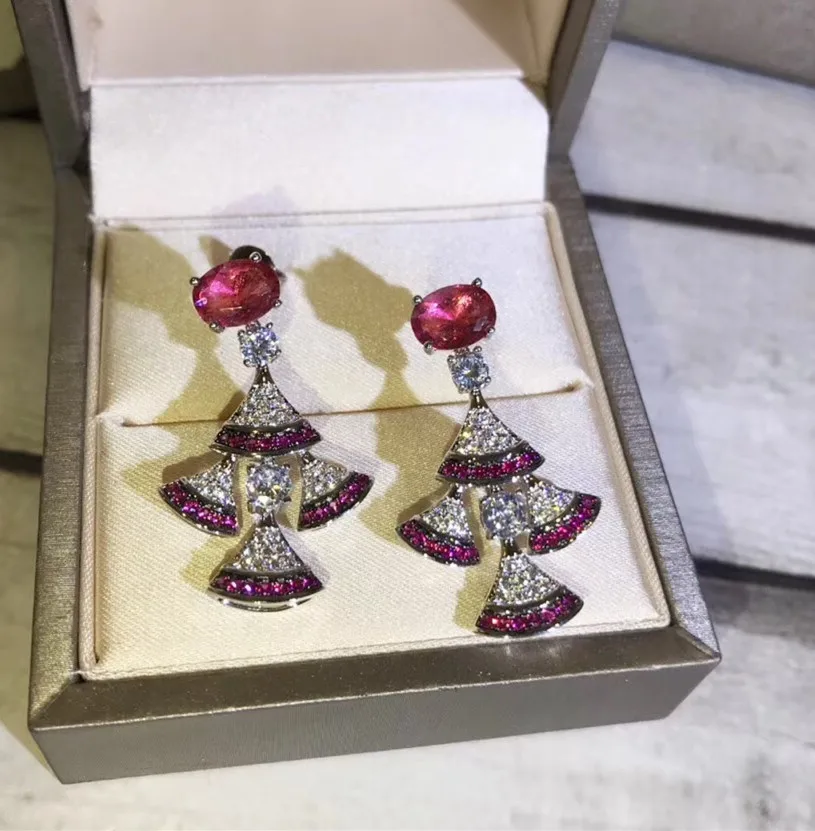 

ZOZIRI Famous brand replica party dinner jewelry zircon fan earrings for women red pink gems stone small skirt drop long earring