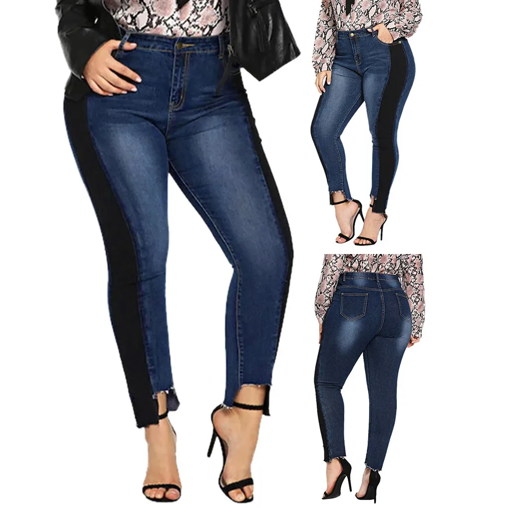 Women Elastic Plus Size Denim Pocket Button Casual Boot Cut Pant Jeans 2019 New Drop Shipping-in 