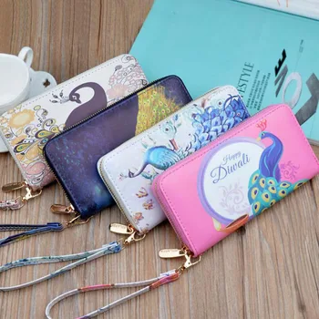 

Fashion Double-sided Color Printing Peacock Pattern Leather Wallets Women Long Zipper Purse Woman Wallet Card Holder Clutch