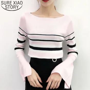 

Female sweaters fashion 2019 women pullover knit sweater women full Striped harajuku pink white Slash neck Flare Sleeve 5049 50