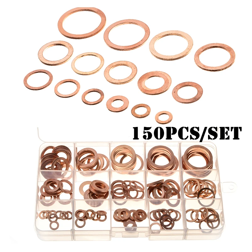 150pcs Solid Copper Crush Washers Kit 15Sizes Assorted Seal Flat Ring