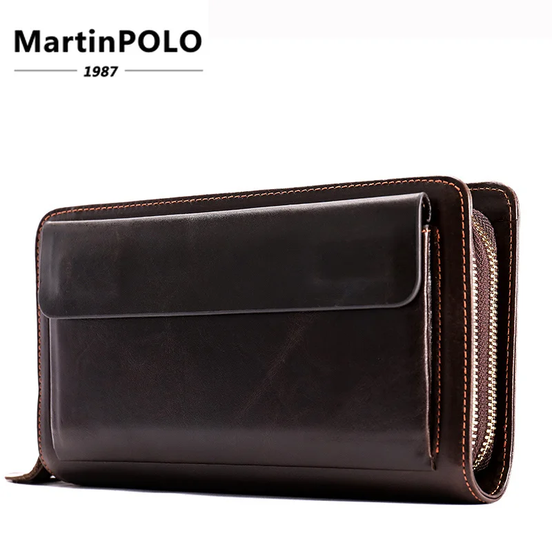 

2019 Man Double Zipper Clutch Bag Men Genuine Leather Wallet With Coin Pocket Card Holder Wallet Large Capacity Handbag Business