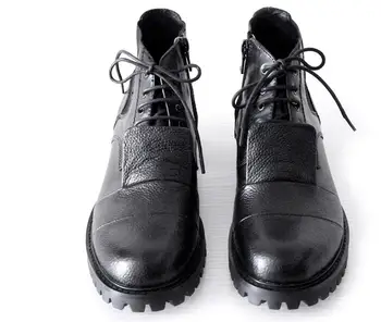 

England Street Style Lace-up Boots Elastic Belt Decorated Leather Hand Zipper Boots Big Head Men Boots