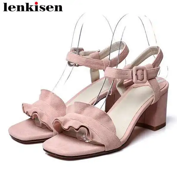

Lenkisen fairy sweety girls princess style peep square toe women sandals pleated design natural leather high heels sandals L25