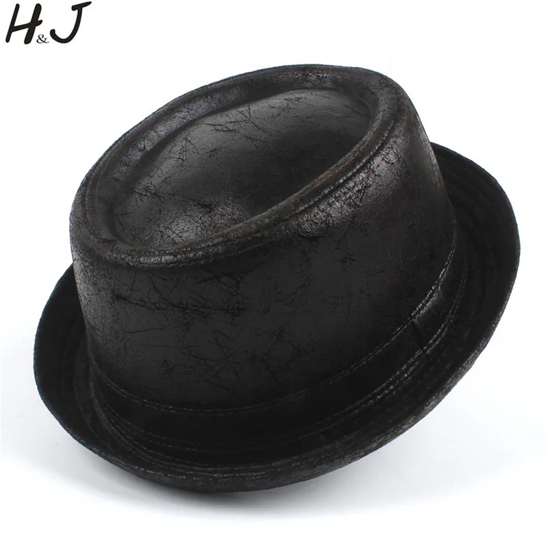 Vintage Leather pork pie Fedora Hat Men Boater Flat Top Hat For ...