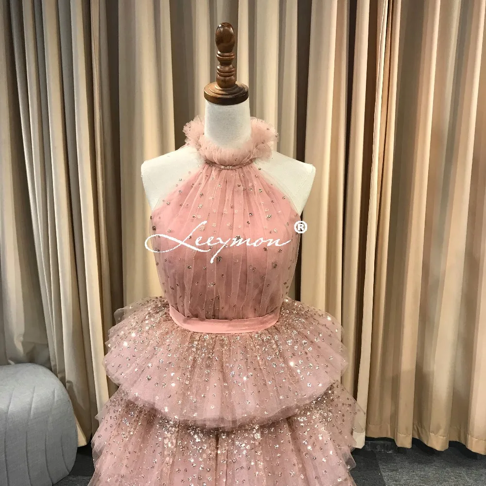 Розовый блеск Halter платья без рукавов Пром платья Robe De Soiree торжественное платье длинное платье Многоуровневое платье молния Назад
