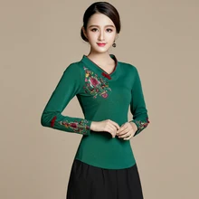 Китайский национальный ветер женская футболка вышивка цветок свободный v-образный Вырез Винтаж Весна Осень рубашка большой размер