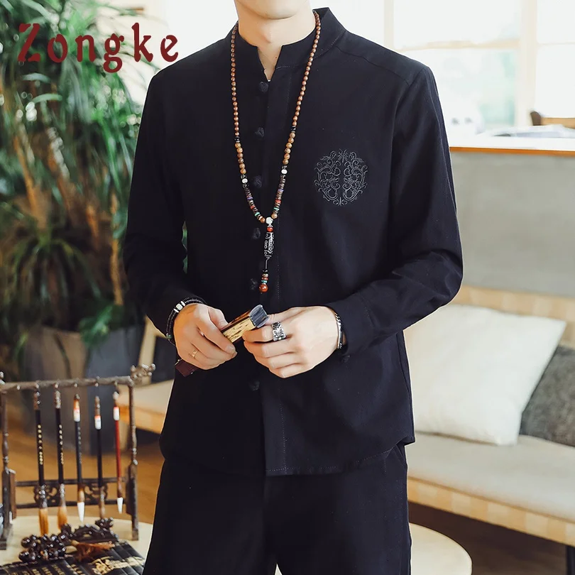 

Zongke Chinese Style Solid Embroidery Black Shirt Men Fashions Streetwear Harajuku Long Sleeve Shirt Men 5XL Mens Shirts 2019