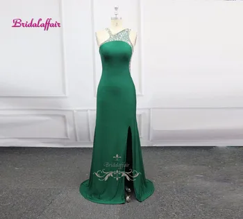 

Real Photos Sexy Party Occasion Long Evening Dress 2018 video Teal Color Spandex Beading Crystal Formal Celebrity Dress