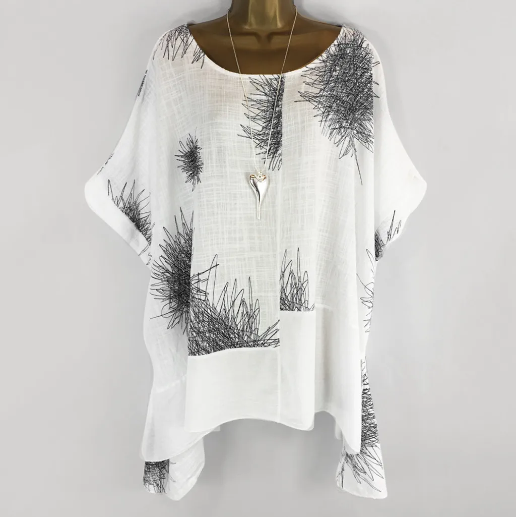 

Feitong Plus Size blouse Women Tops and Blouses Stylish Short Sleeve Blusas Printing Cotton and Linen Ladies Blouse Femme Shirts