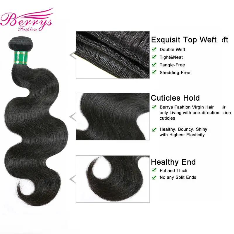 Berrys Fashion 4 Bundles Deal Peruvian Body Wave Virgin Hair Weave Nature 1B 100% Human Hair Extension 10-28inch
