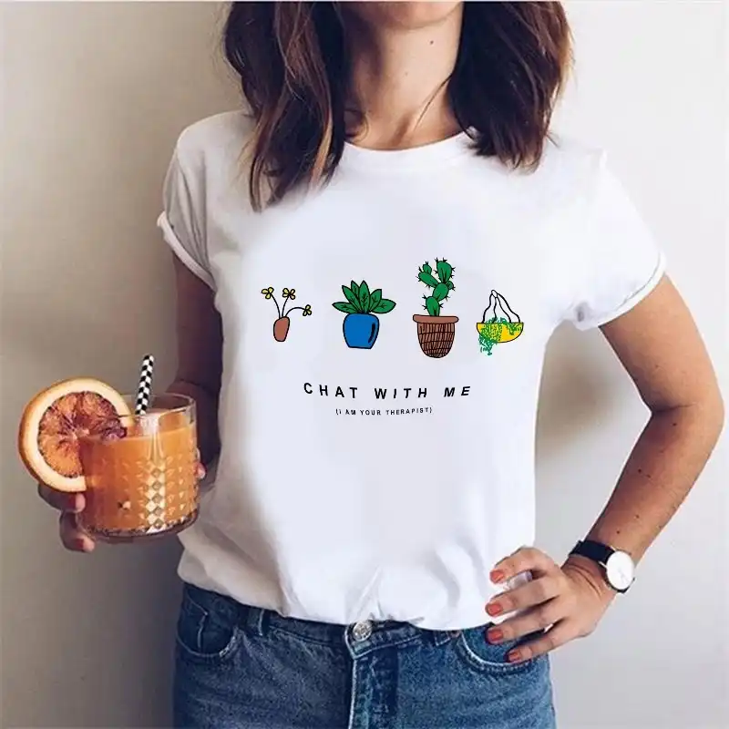 Hahayule Jbh 1pcs Plant Lover Chat With Therapist Girls T Shirts Cute Cartoon Potted Plants Tops Women White O Neck Graphic Tee T Shirts Aliexpress