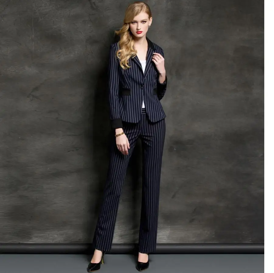 

Women Pant Suits fashion design business suit lapel stripe style a grain of buckle ms long-sleeved suit jacket + pants