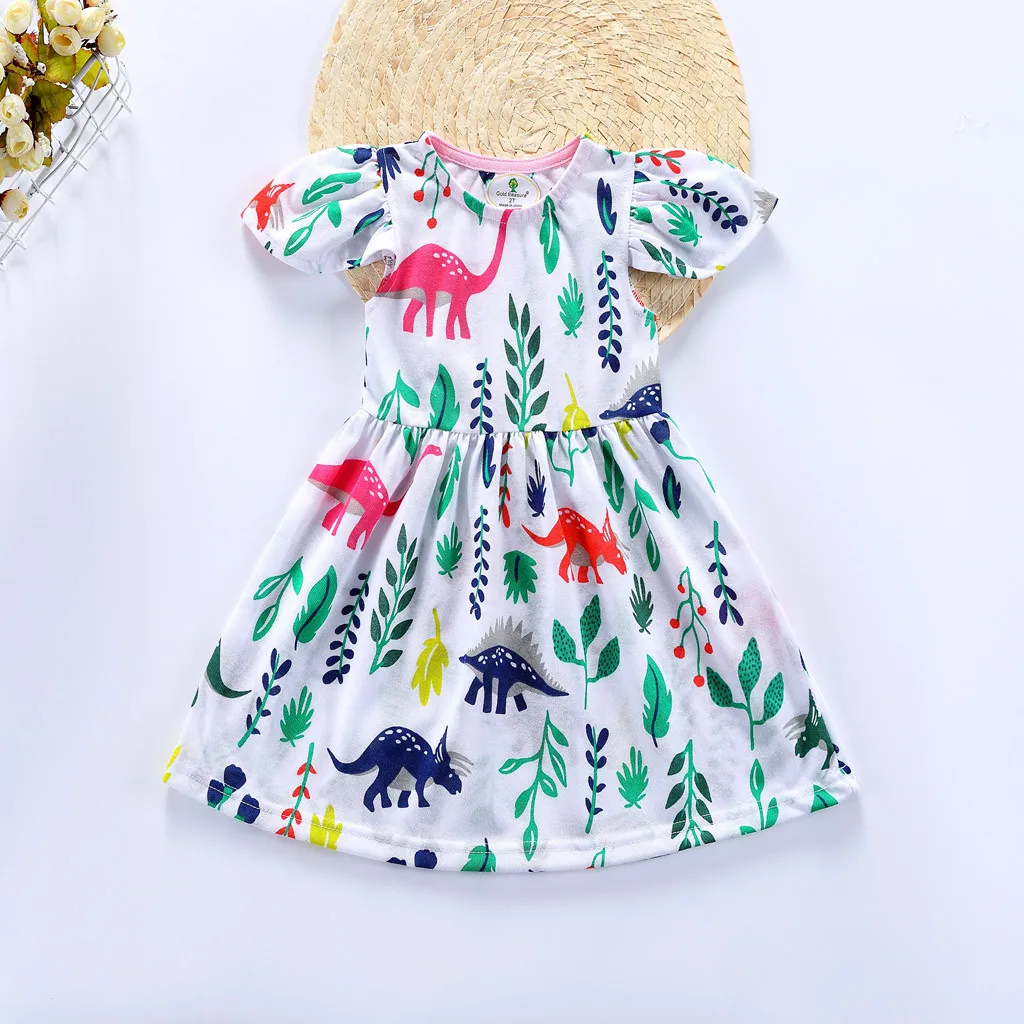 Dinosaur Printed Toddler Girls Dress fashion Kid Short Sleeve Flowers