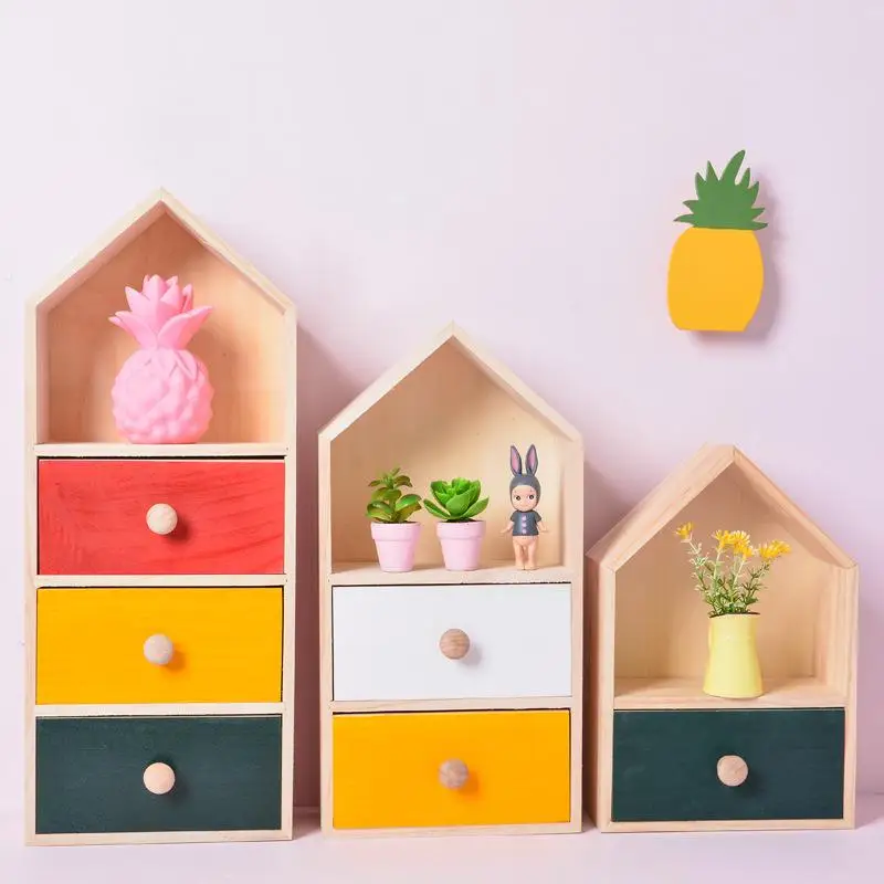 

Wooden House Shape Storage Boxes Multifunction Sundries Desktop Bedroom Decorative Multi-layer Bed Storage Cabinet Organization