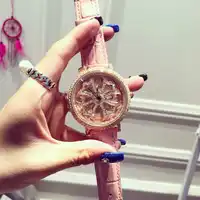 Fashion Women Real Leather Watches Lady Shining Rotation Dress watch Big Diamond Stone Wristwatch Female Genuine Leather Watches