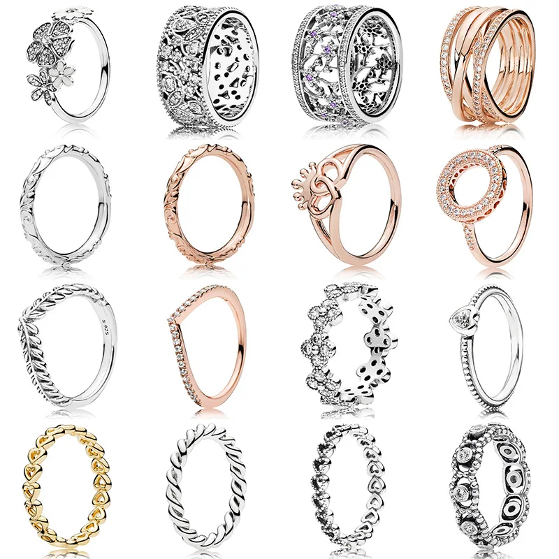 

16 Style 1 Pcs Women Silver Rings With Rose Gold Flower Wheat Ear Love Heart Crown Crystal Ring For Women Jewelry Gift