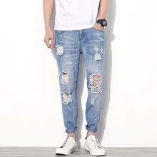 2017 мужская Мода Джинсовая ripped Пят Повседневные брюки cottonjean Мужчины карандаш Джинсы Мужчин Slim longtrouser плюс размер джинсы 44