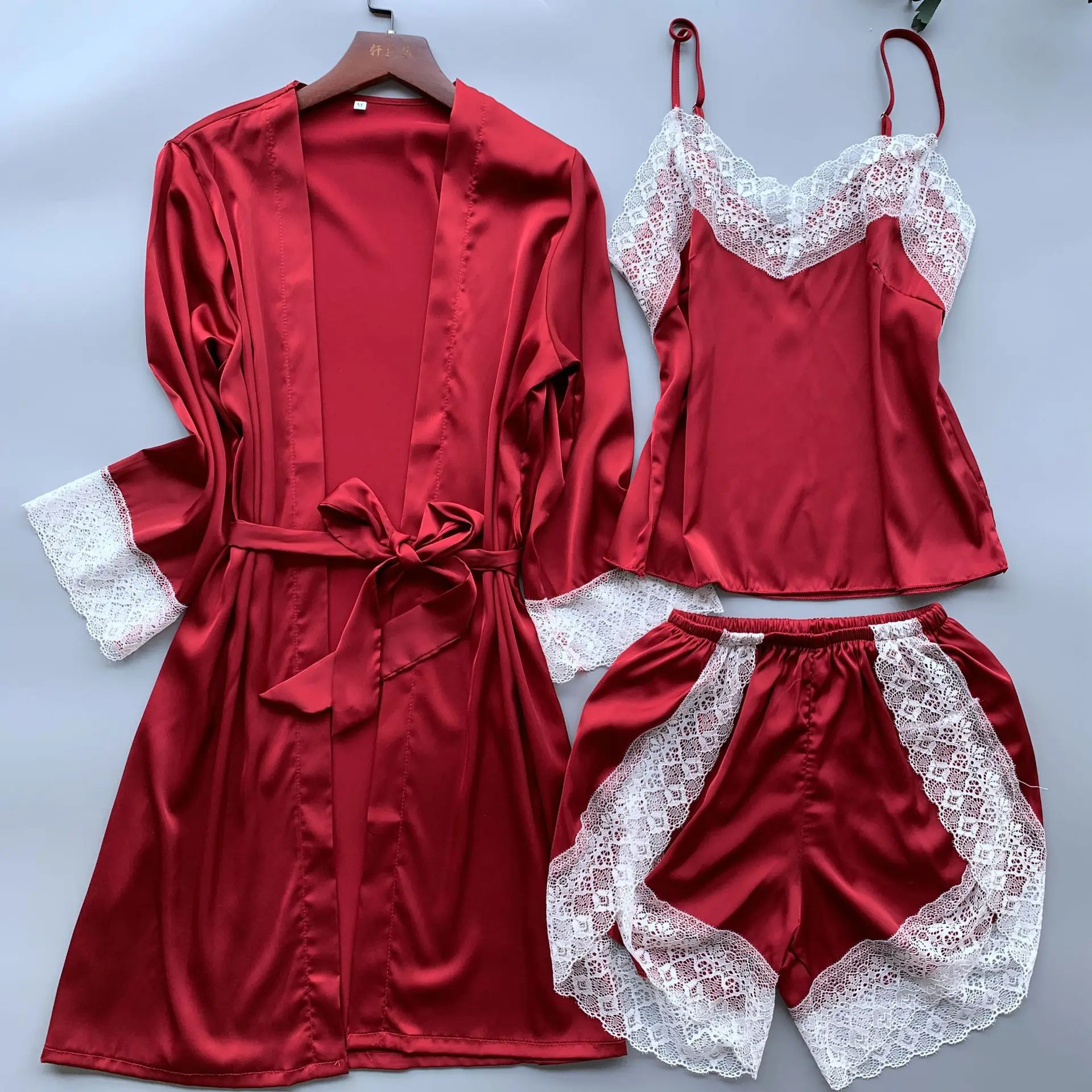 Women Pajamas 3 Pieces Satin Sleepwear Pijama Silk Home Wear Clothing Embroidery Sleep Lounge Pyjama with Chest Pads | Женская одежда