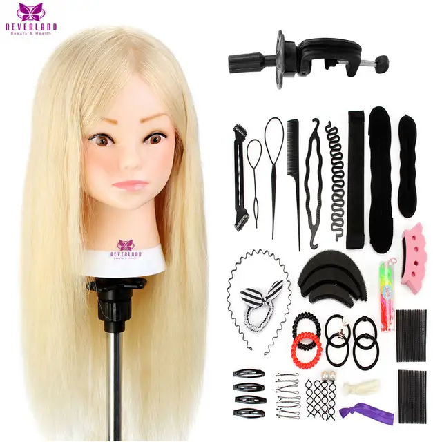 blonde 100 real human hair training head mannequin baby girl face head for hairstyles hairdressing doll heads comb clamp tools hairdressing courses online