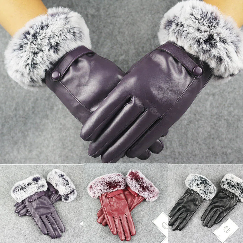 

Women Lady Black Leather keep warm Gloves Autumn Winter Warm Rabbit Fur Mittens Comfortable gloves L50/1225
