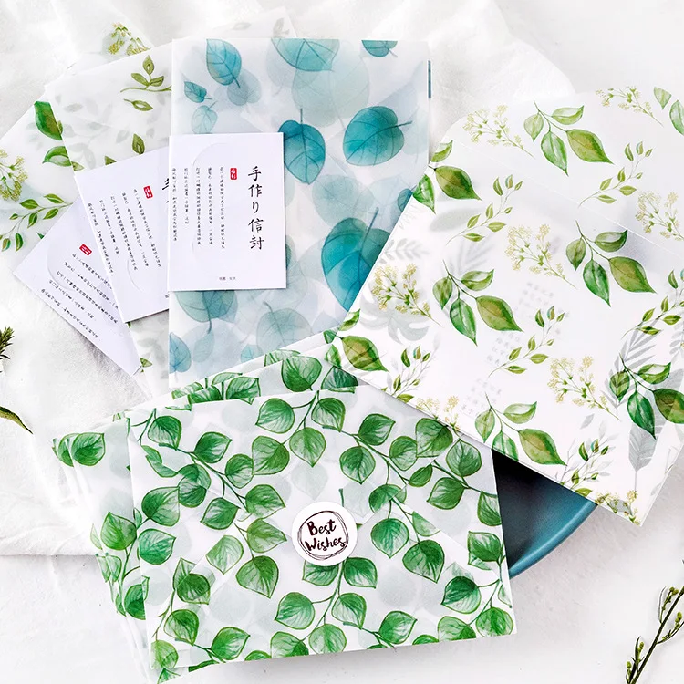 

3pcs Cute Kawaii Green Plants Leaves Sulfuric Acid Paper Envelope For Kids Postcard Festival Card Gift School Supplies