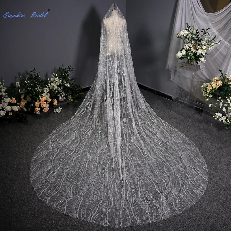 Сапфировое свадебное платье с блестками и вырезанным краем, 3,5 м, свадебная вуаль, 1 слой, изысканная длинная свадебная вуаль с расческой