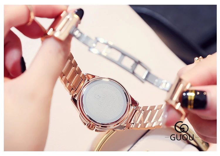 GUOU водонепроницаемые женские часы Роскошный чехол из розового золота с большим циферблатом стальной ремешок Женские кварцевые наручные часы для девушек женские часы