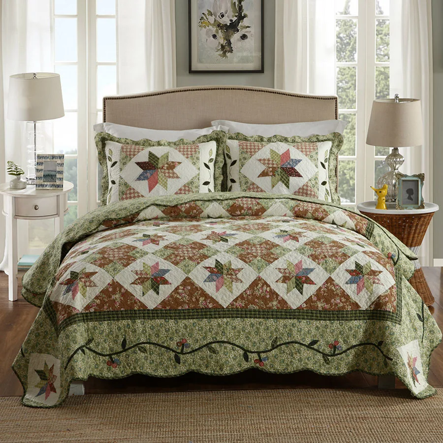 

CHAUSUB New Quilt Set 3PCS Washed Cotton Quilted Quilt Patchwork Bedspread Bed Cover Sheets Pillowcase King Size Coverlet Set