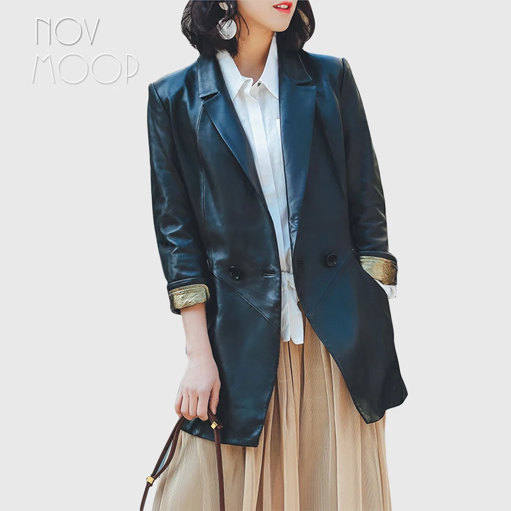 

Korean style women black genuine leather real lambskin casual suit coat jacket gold leather spliced cuff casaco feminino LT2524