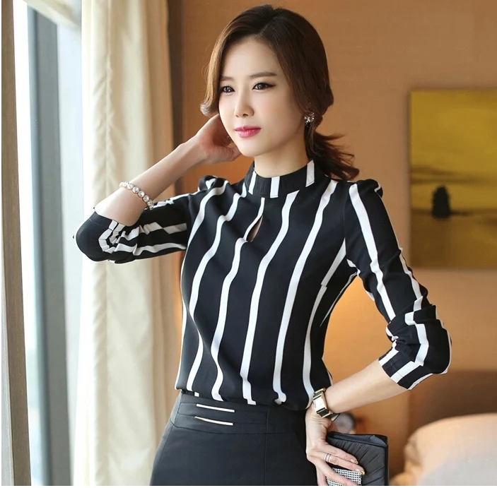Ladies Best Chiffon Black And White Striped Shirt Black