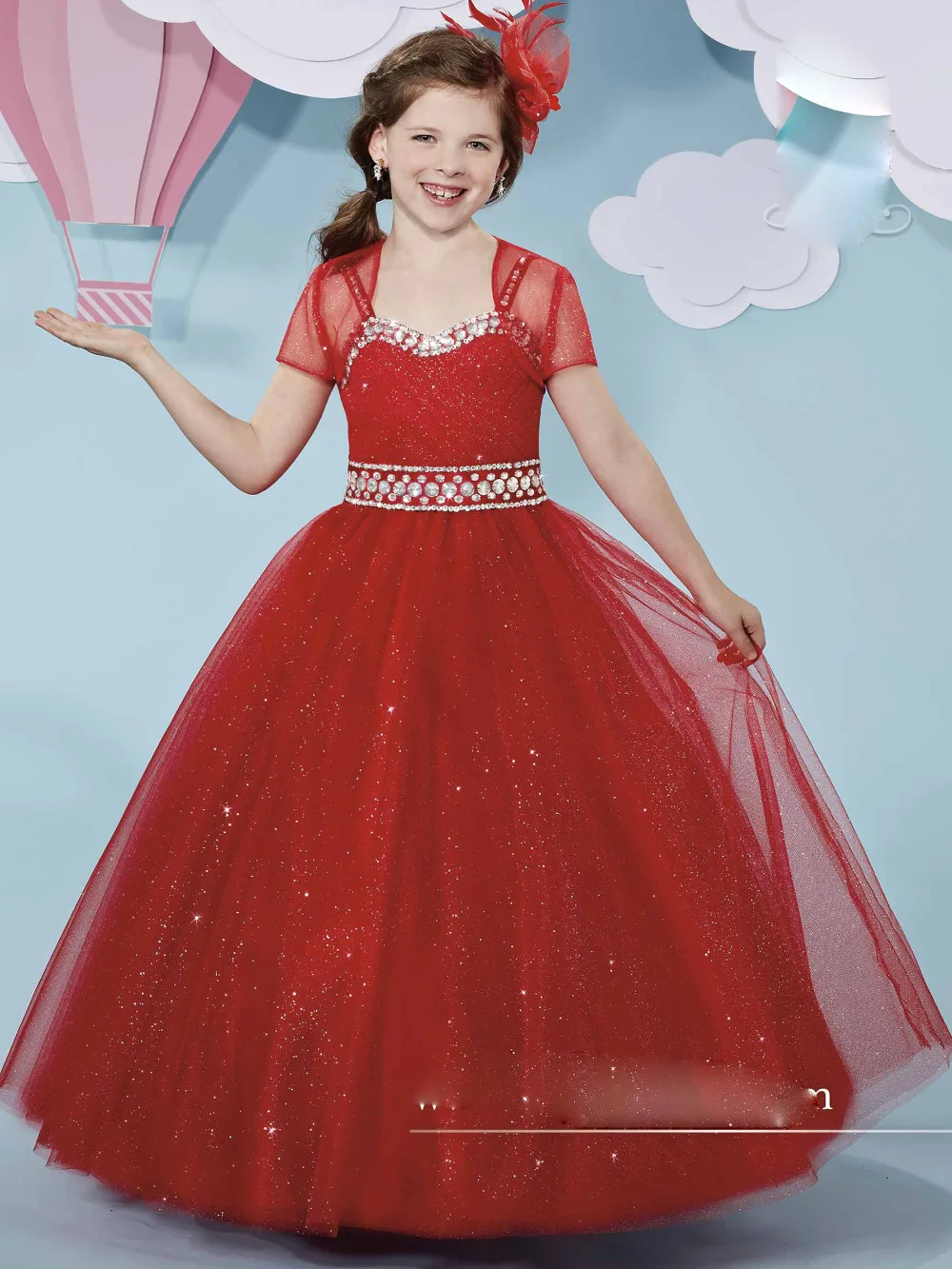 WF316 Ball Gown Formal Red Flower Girl Dresses Luxury Beads Cute Long